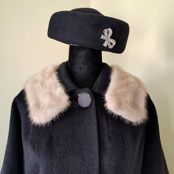 Vintage 50s/60s Black Wool Dress Coat Overcoat w/ Fur Collar ILGWU Made - Picture 3 of 6